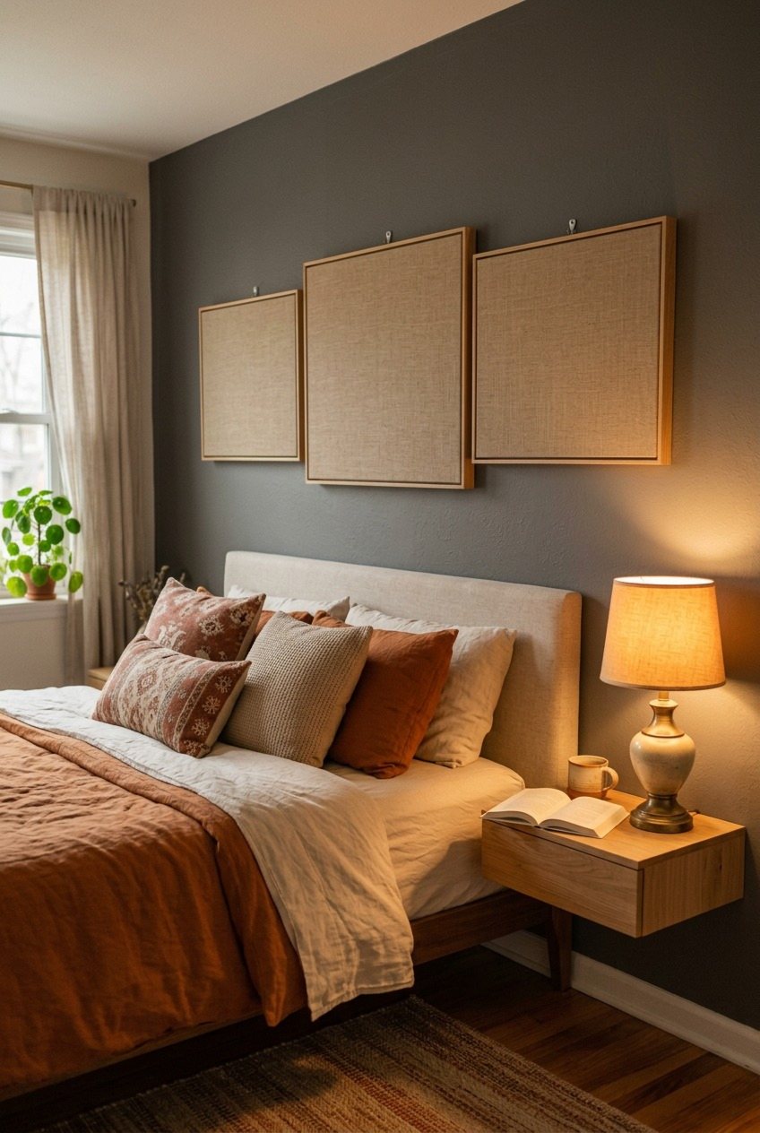Three Linen-Panel Squares In A Staggered Row